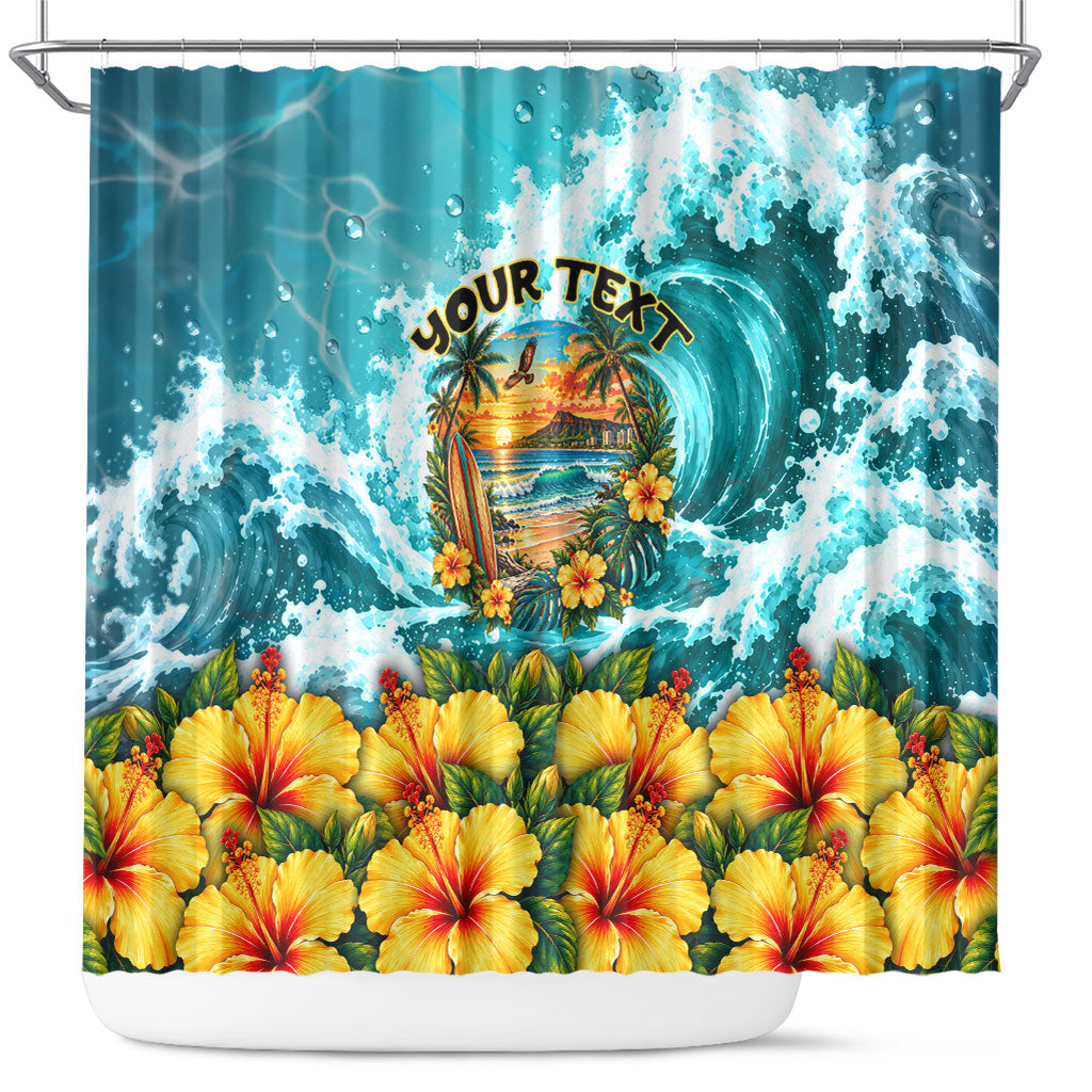 Personalized Hawaii 60th Birthday Eagle Shower Curtain Tropical Sunset Beach Hibiscus Ocean Wave