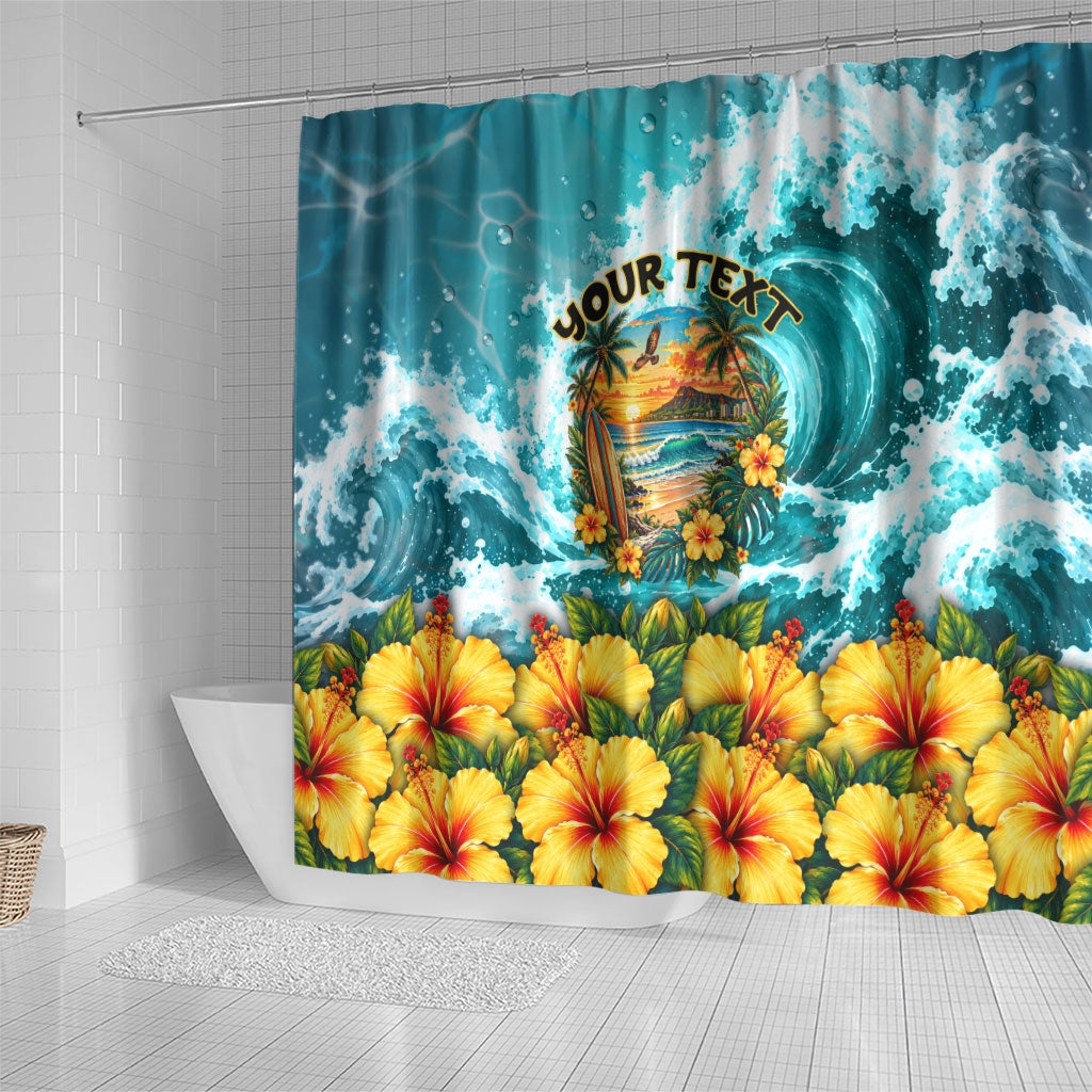 Personalized Hawaii 60th Birthday Eagle Shower Curtain Tropical Sunset Beach Hibiscus Ocean Wave