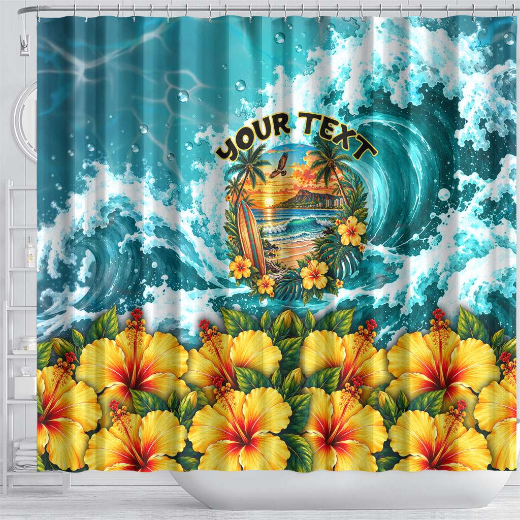 Personalized Hawaii 60th Birthday Eagle Shower Curtain Tropical Sunset Beach Hibiscus Ocean Wave