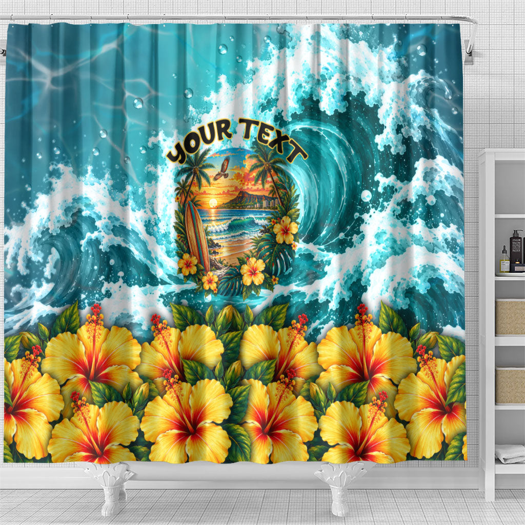 Personalized Hawaii 60th Birthday Eagle Shower Curtain Tropical Sunset Beach Hibiscus Ocean Wave