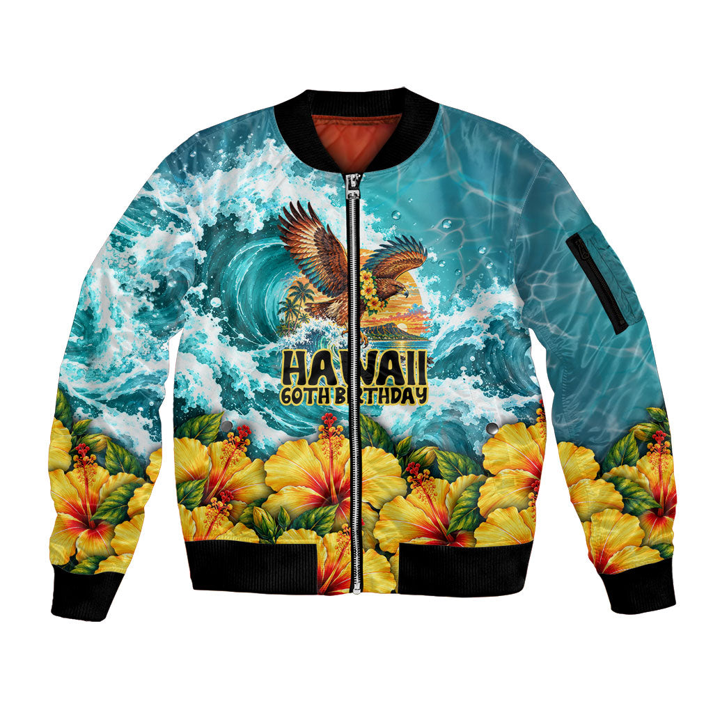 Personalized Hawaii 60th Birthday Eagle Sleeve Zip Bomber Jacket Tropical Sunset Beach Hibiscus Ocean Wave