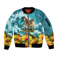 Personalized Hawaii 60th Birthday Eagle Sleeve Zip Bomber Jacket Tropical Sunset Beach Hibiscus Ocean Wave