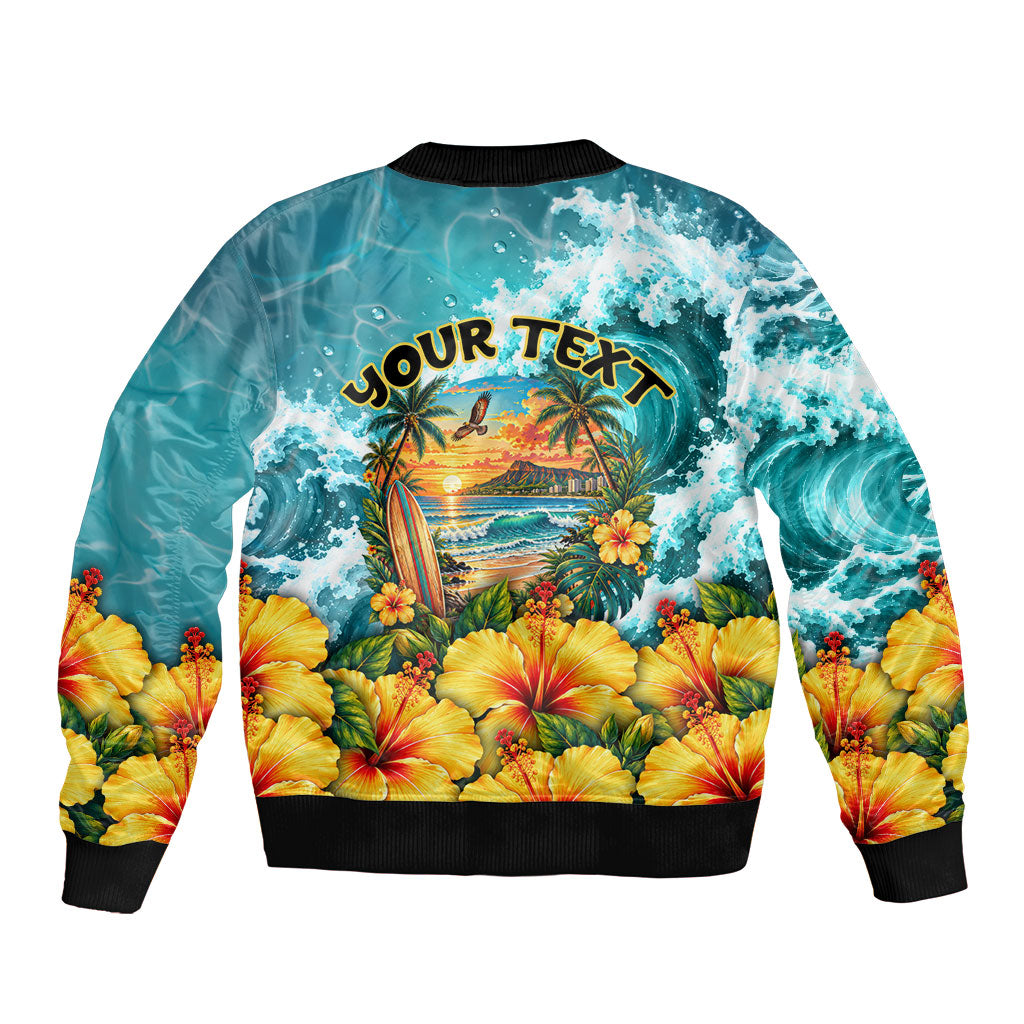Personalized Hawaii 60th Birthday Eagle Sleeve Zip Bomber Jacket Tropical Sunset Beach Hibiscus Ocean Wave