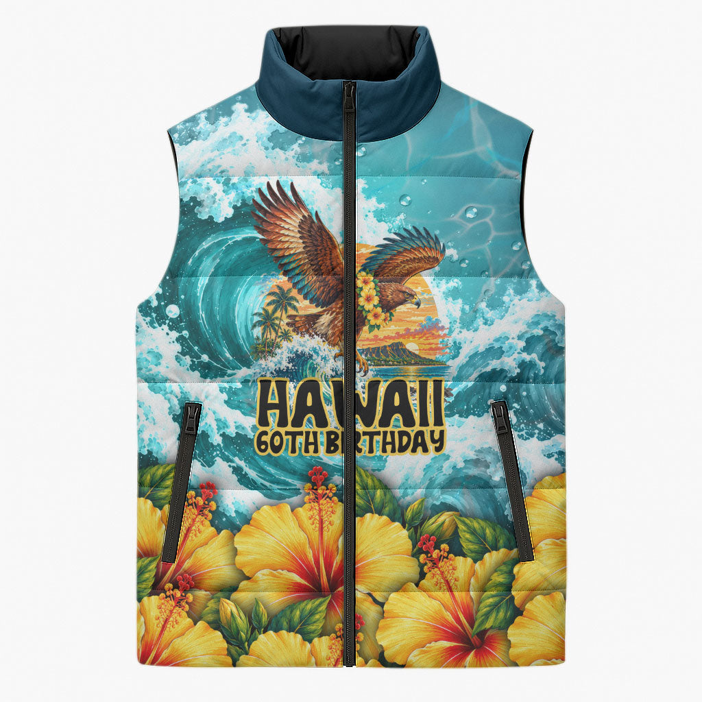 Personalized Hawaii 60th Birthday Eagle Sleeveless Puffer Jacket Tropical Sunset Beach Hibiscus Ocean Wave TS04 Unisex Blue Yellow - Polynesian Pride