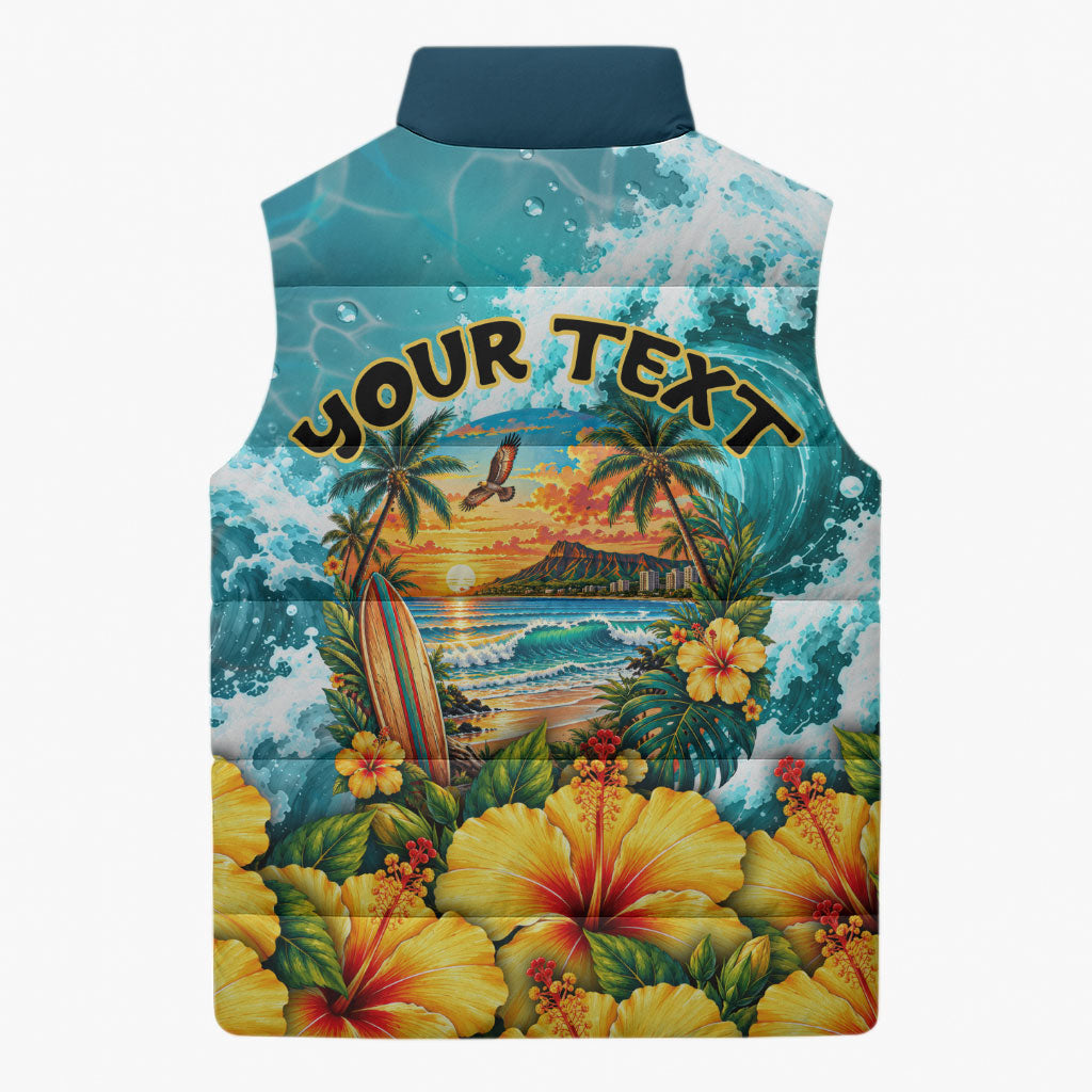 Personalized Hawaii 60th Birthday Eagle Sleeveless Puffer Jacket Tropical Sunset Beach Hibiscus Ocean Wave TS04 - Polynesian Pride