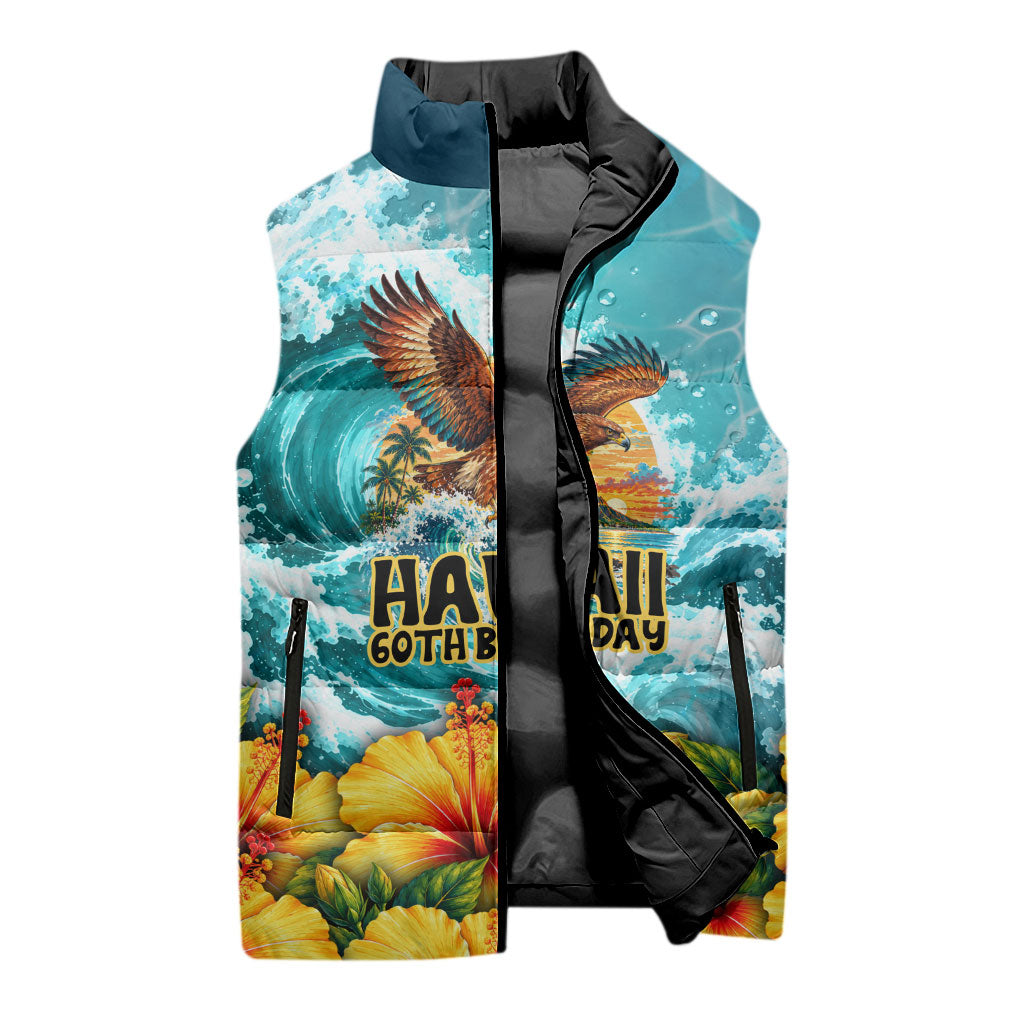 Personalized Hawaii 60th Birthday Eagle Sleeveless Puffer Jacket Tropical Sunset Beach Hibiscus Ocean Wave TS04 - Polynesian Pride