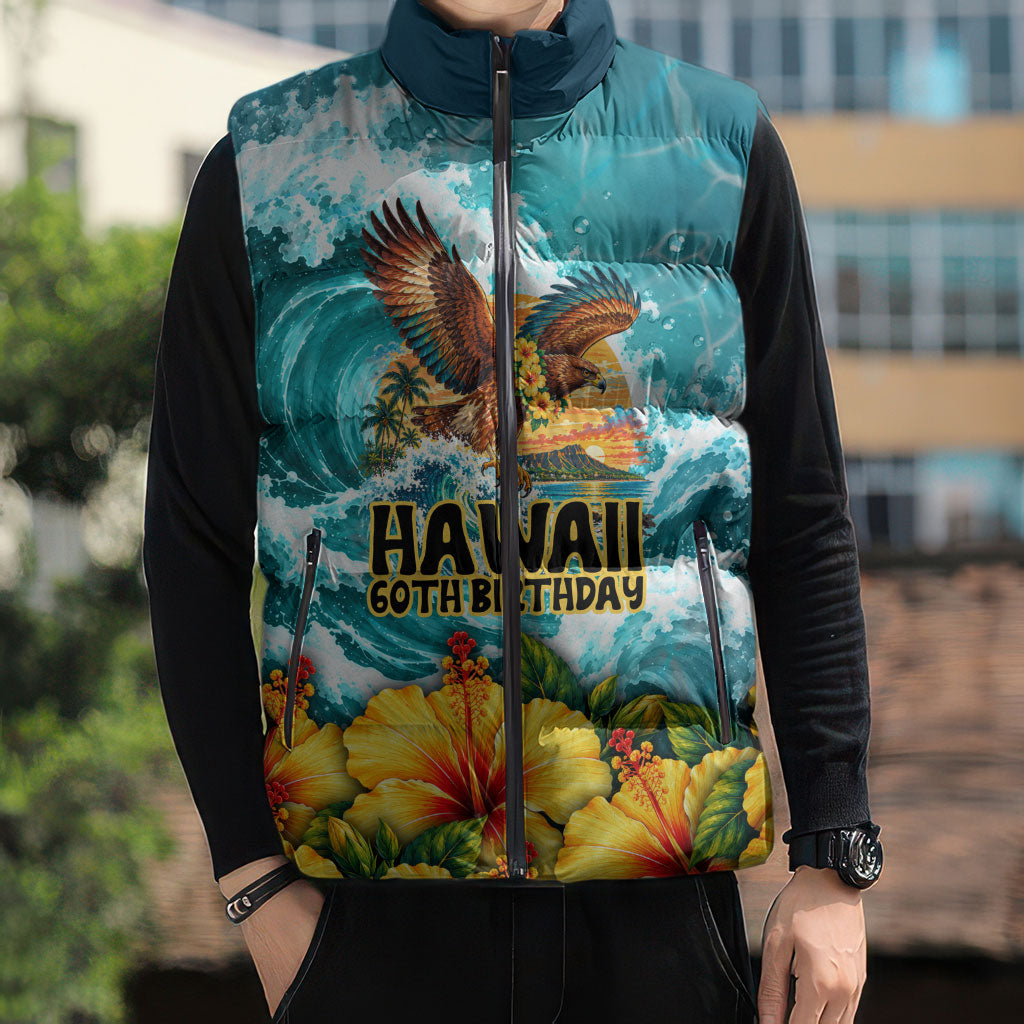 Personalized Hawaii 60th Birthday Eagle Sleeveless Puffer Jacket Tropical Sunset Beach Hibiscus Ocean Wave TS04 - Polynesian Pride