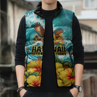 Personalized Hawaii 60th Birthday Eagle Sleeveless Puffer Jacket Tropical Sunset Beach Hibiscus Ocean Wave TS04 - Polynesian Pride