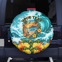 Personalized Hawaii 60th Birthday Eagle Spare Tire Cover Tropical Sunset Beach Hibiscus Ocean Wave
