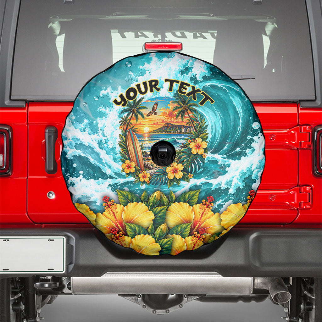 Personalized Hawaii 60th Birthday Eagle Spare Tire Cover Tropical Sunset Beach Hibiscus Ocean Wave