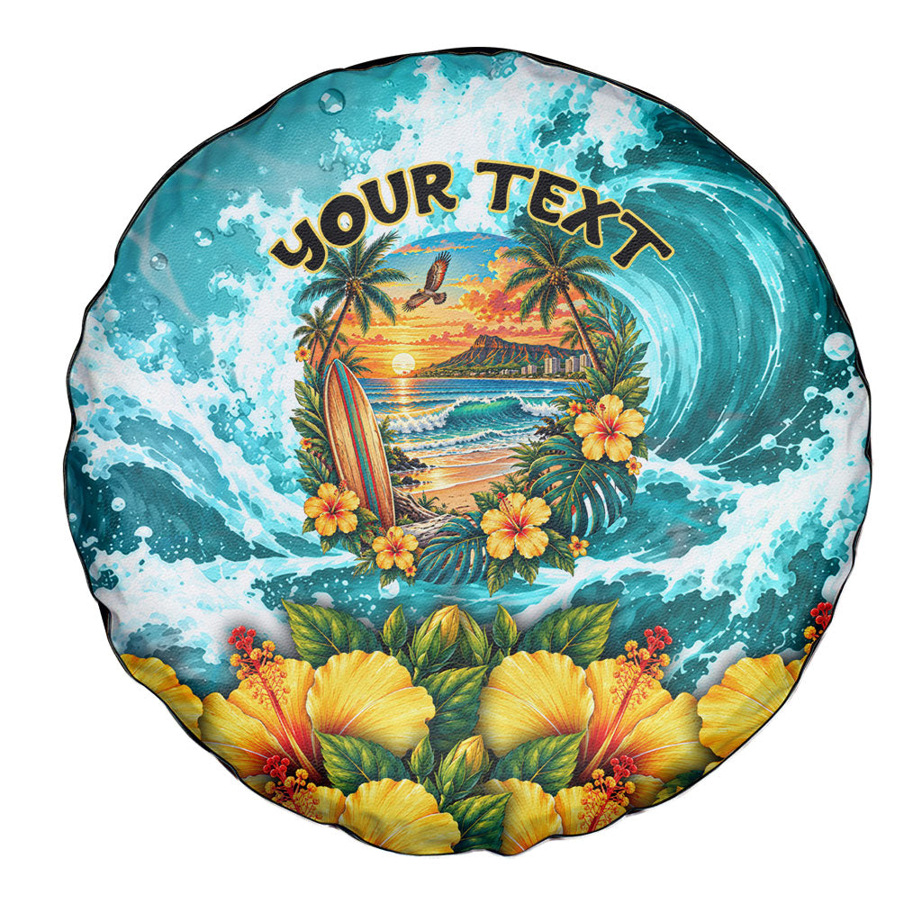 Personalized Hawaii 60th Birthday Eagle Spare Tire Cover Tropical Sunset Beach Hibiscus Ocean Wave