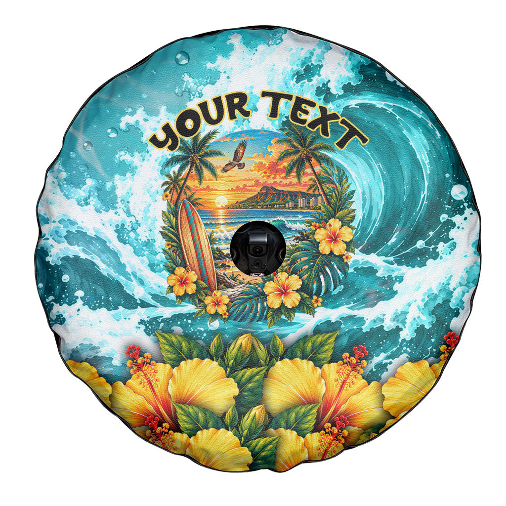 Personalized Hawaii 60th Birthday Eagle Spare Tire Cover Tropical Sunset Beach Hibiscus Ocean Wave