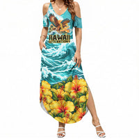 Personalized Hawaii 60th Birthday Eagle Summer Maxi Dress Tropical Sunset Beach Hibiscus Ocean Wave