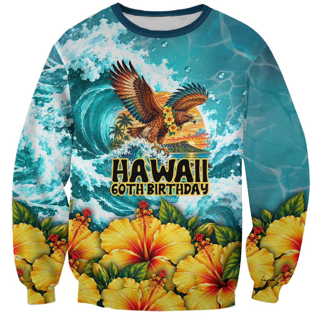 Personalized Hawaii 60th Birthday Eagle Sweatshirt Tropical Sunset Beach Hibiscus Ocean Wave TS04 Unisex Blue Yellow - Polynesian Pride