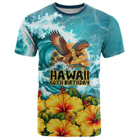 Personalized Hawaii 60th Birthday Eagle T Shirt Tropical Sunset Beach Hibiscus Ocean Wave TS04 Blue Yellow - Polynesian Pride