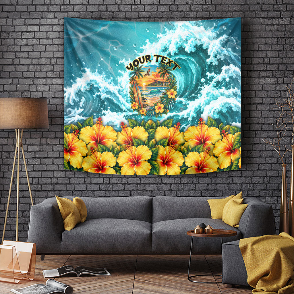Personalized Hawaii 60th Birthday Eagle Tapestry Tropical Sunset Beach Hibiscus Ocean Wave