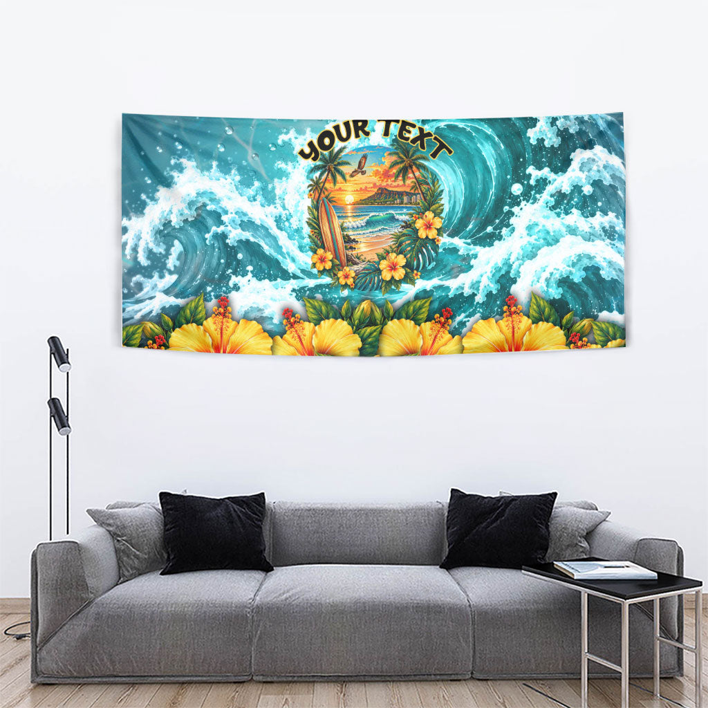 Personalized Hawaii 60th Birthday Eagle Tapestry Tropical Sunset Beach Hibiscus Ocean Wave