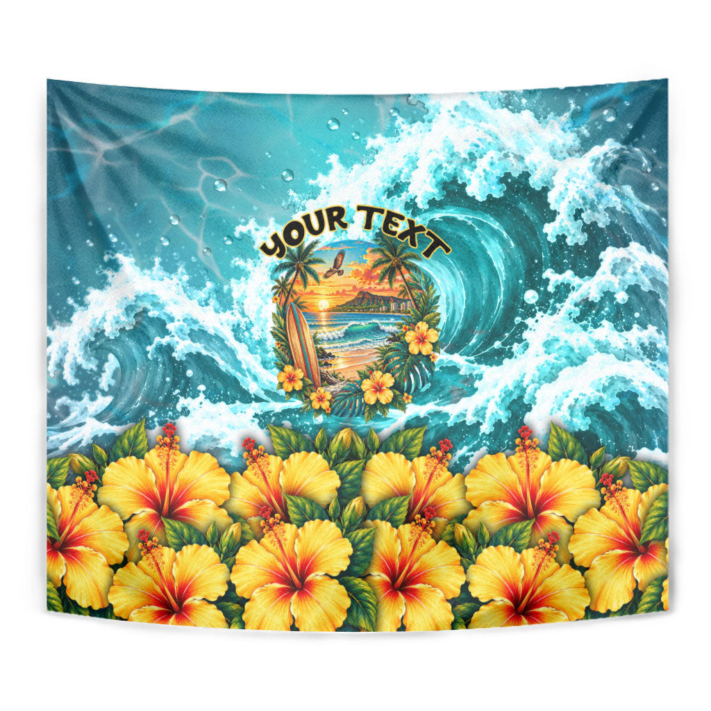 Personalized Hawaii 60th Birthday Eagle Tapestry Tropical Sunset Beach Hibiscus Ocean Wave