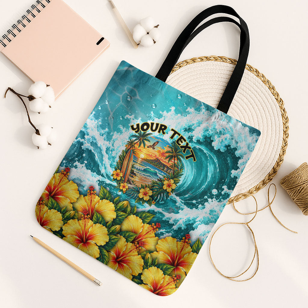 Personalized Hawaii 60th Birthday Eagle Tote Bag Tropical Sunset Beach Hibiscus Ocean Wave TS04 Black Strap One Size Blue Yellow - Polynesian Pride
