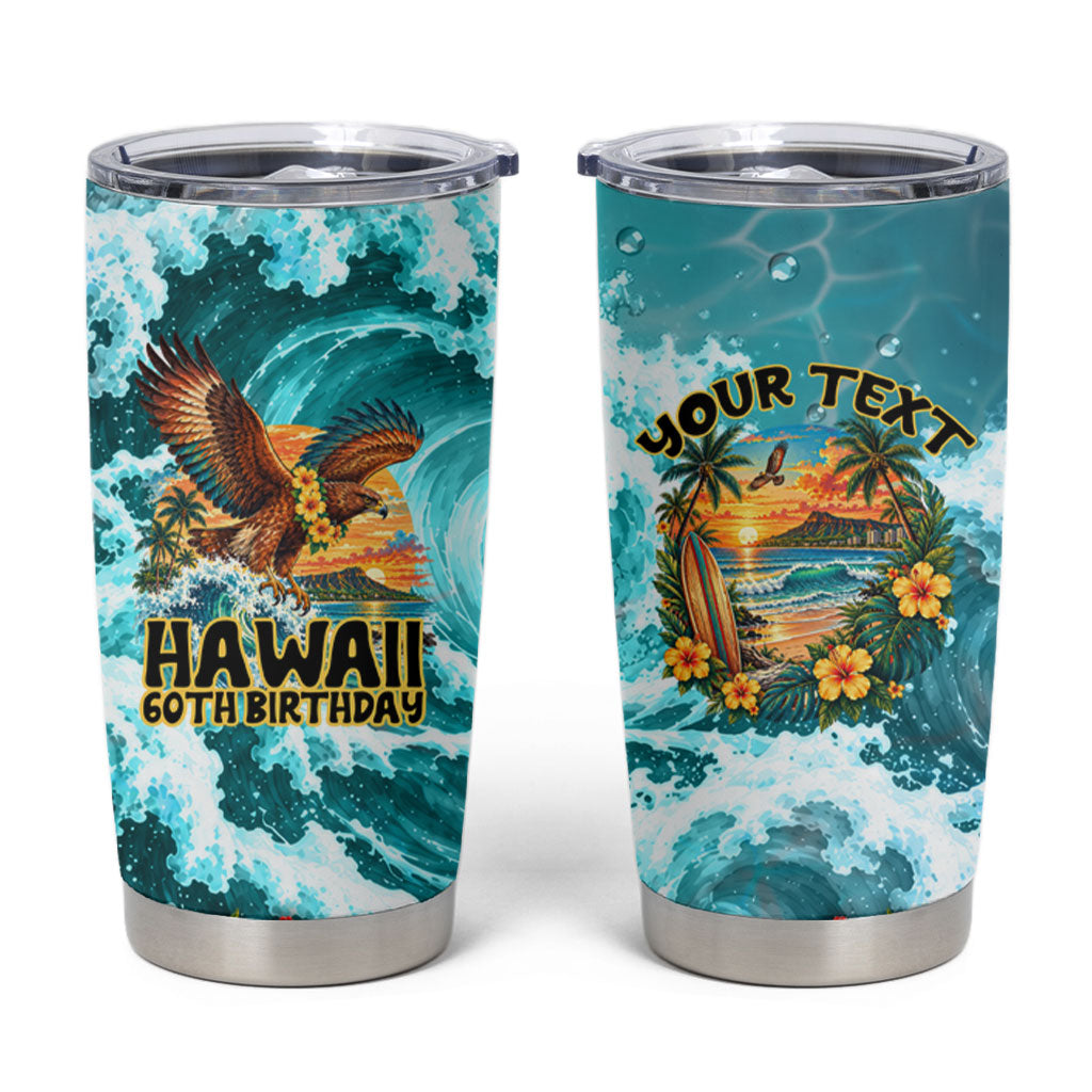 Personalized Hawaii 60th Birthday Eagle Tumbler Cup Tropical Sunset Beach Hibiscus Ocean Wave
