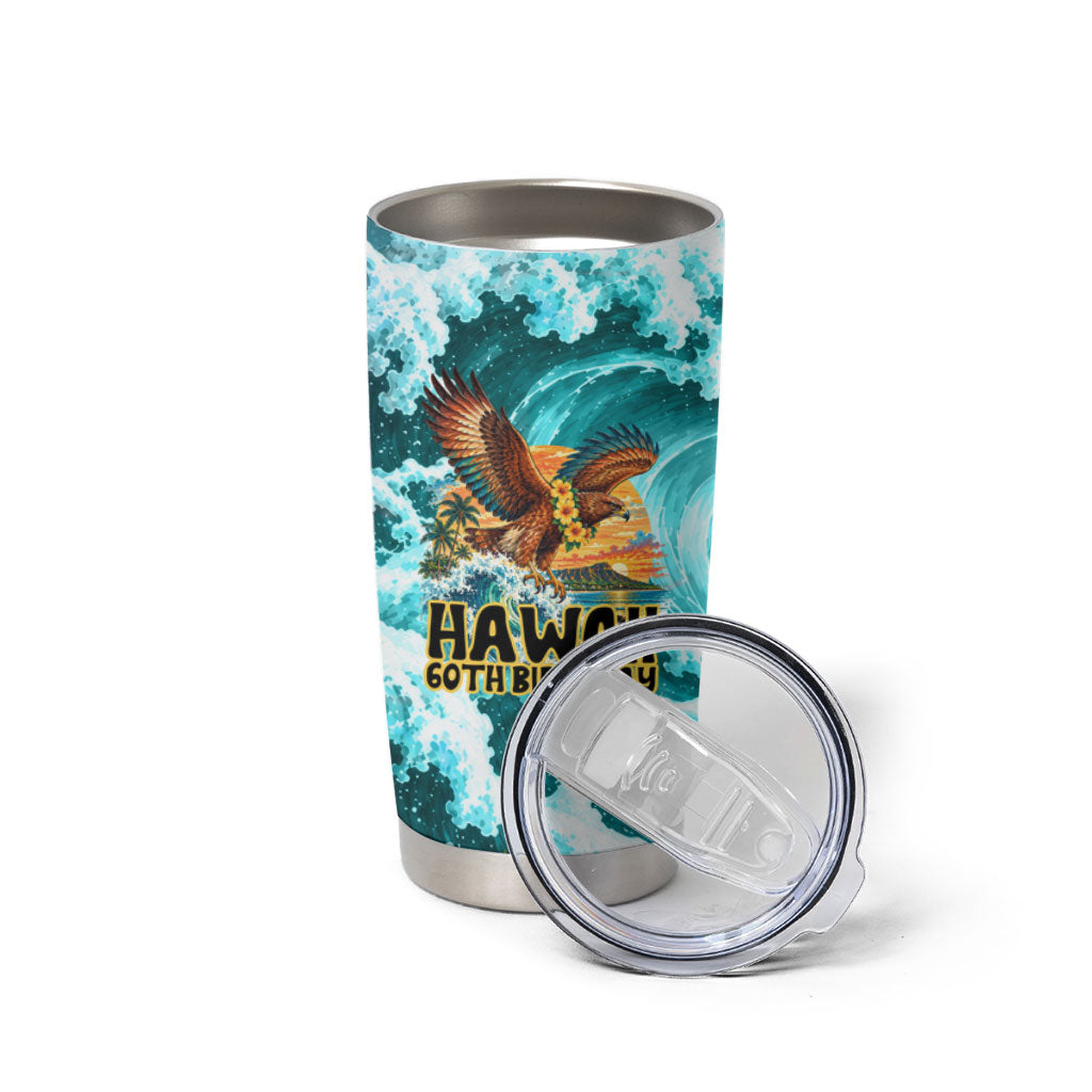 Personalized Hawaii 60th Birthday Eagle Tumbler Cup Tropical Sunset Beach Hibiscus Ocean Wave