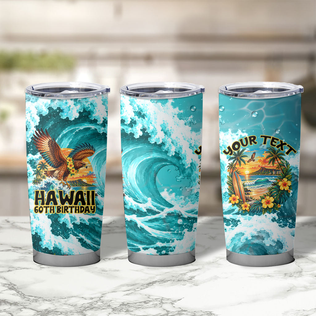 Personalized Hawaii 60th Birthday Eagle Tumbler Cup Tropical Sunset Beach Hibiscus Ocean Wave