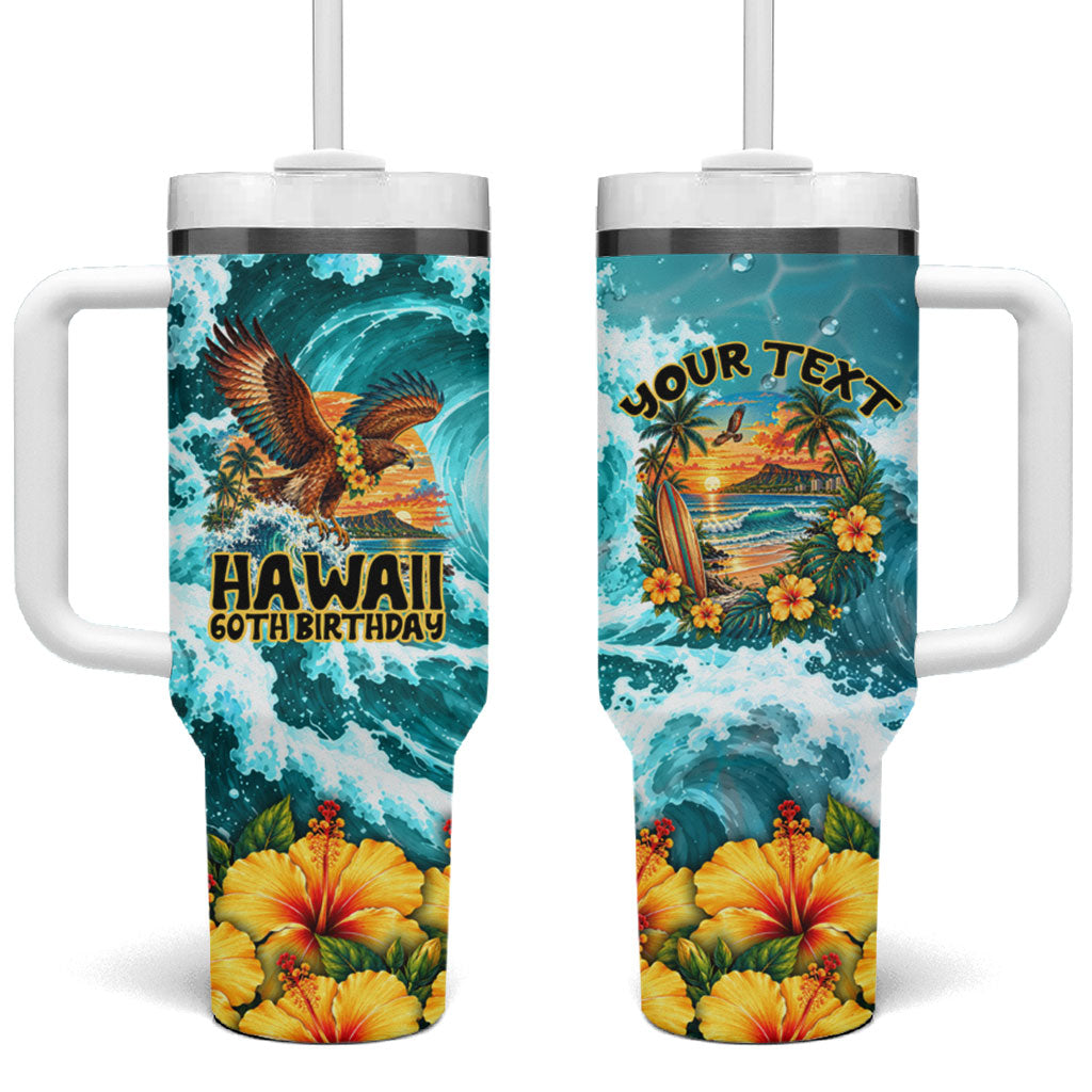 Personalized Hawaii 60th Birthday Eagle Tumbler With Handle Tropical Sunset Beach Hibiscus Ocean Wave