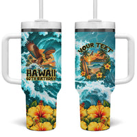 Personalized Hawaii 60th Birthday Eagle Tumbler With Handle Tropical Sunset Beach Hibiscus Ocean Wave