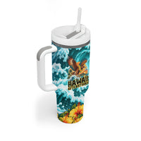 Personalized Hawaii 60th Birthday Eagle Tumbler With Handle Tropical Sunset Beach Hibiscus Ocean Wave