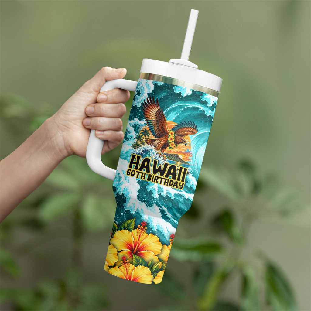 Personalized Hawaii 60th Birthday Eagle Tumbler With Handle Tropical Sunset Beach Hibiscus Ocean Wave