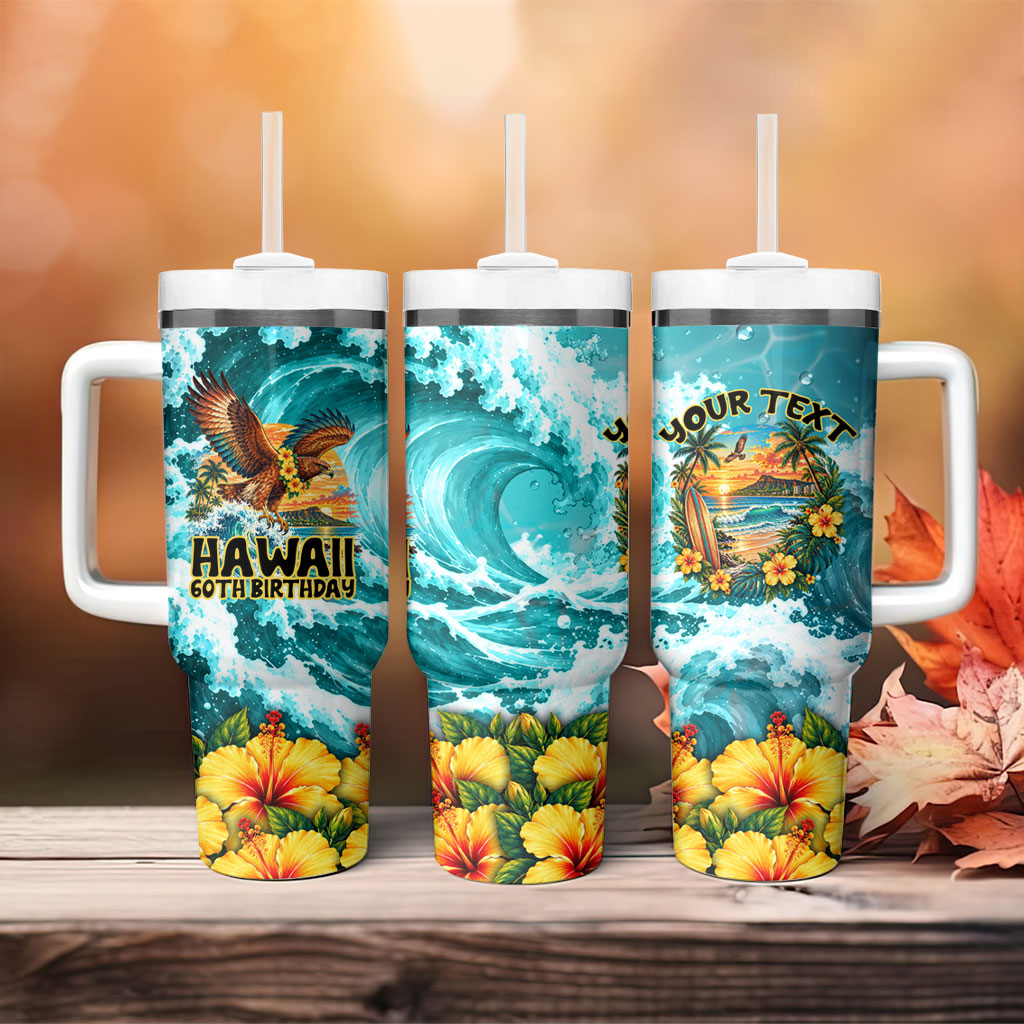 Personalized Hawaii 60th Birthday Eagle Tumbler With Handle Tropical Sunset Beach Hibiscus Ocean Wave