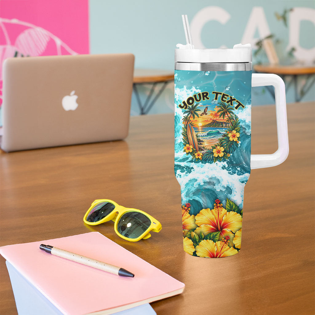Personalized Hawaii 60th Birthday Eagle Tumbler With Handle Tropical Sunset Beach Hibiscus Ocean Wave