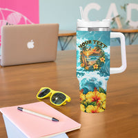 Personalized Hawaii 60th Birthday Eagle Tumbler With Handle Tropical Sunset Beach Hibiscus Ocean Wave