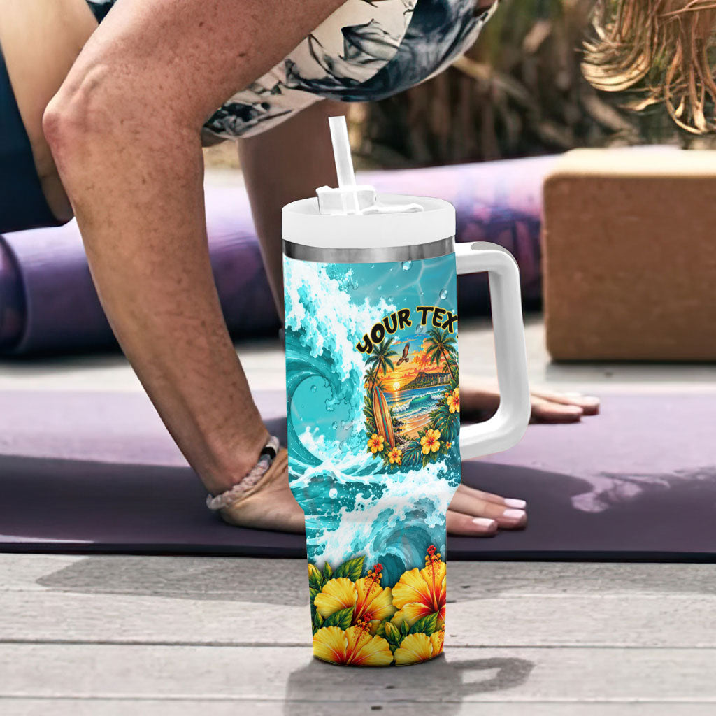 Personalized Hawaii 60th Birthday Eagle Tumbler With Handle Tropical Sunset Beach Hibiscus Ocean Wave