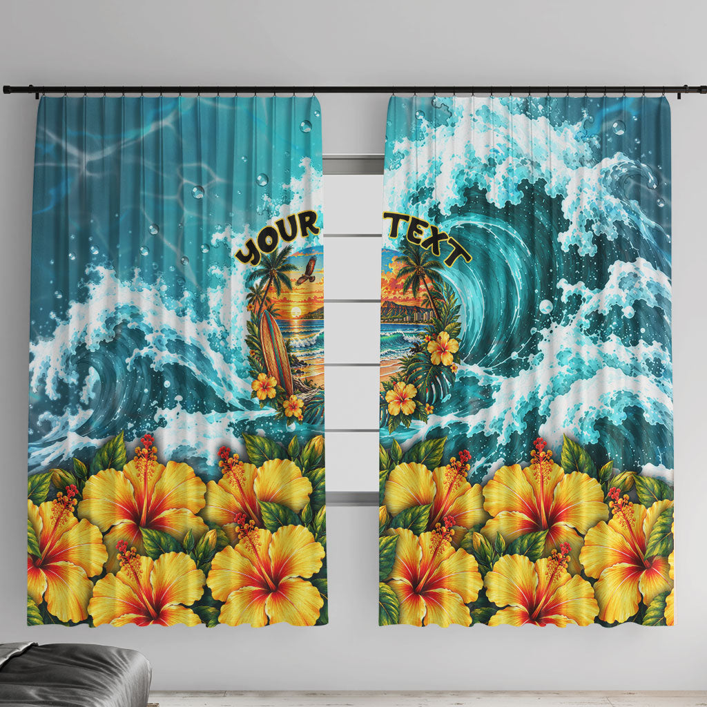 Personalized Hawaii 60th Birthday Eagle Window Curtain Tropical Sunset Beach Hibiscus Ocean Wave TS04 With Hooks Blue Yellow - Polynesian Pride