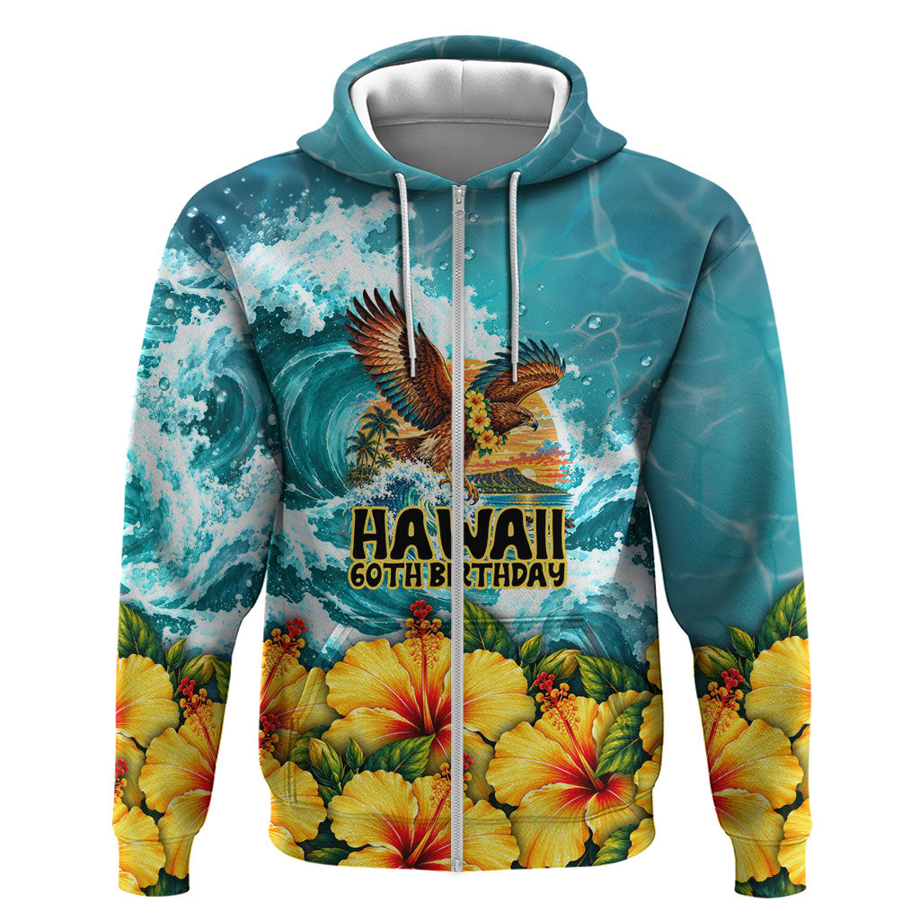 Personalized Hawaii 60th Birthday Eagle Zip Hoodie Tropical Sunset Beach Hibiscus Ocean Wave TS04 Zip Hoodie Blue Yellow - Polynesian Pride