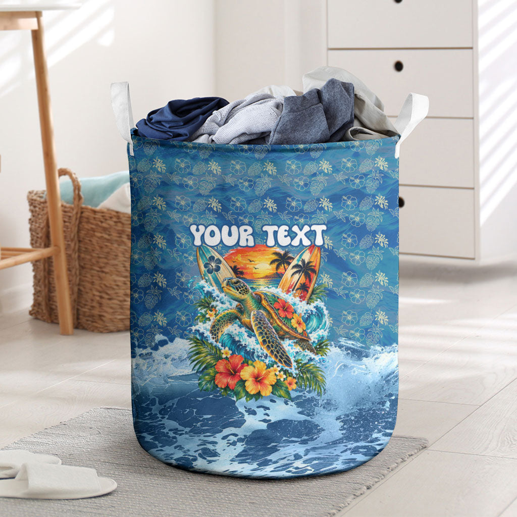 Personalized Hawaii 60th Birthday Sea Turtle Laundry Basket Tropical Ocean Wave Floral Surfboard