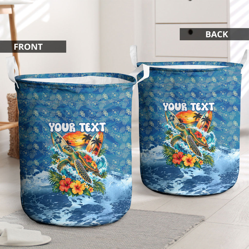 Personalized Hawaii 60th Birthday Sea Turtle Laundry Basket Tropical Ocean Wave Floral Surfboard