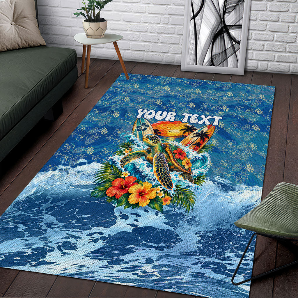 Personalized Hawaii 60th Birthday Sea Turtle Area Rug Tropical Ocean Wave Floral Surfboard TS04 Blue Yellow - Polynesian Pride