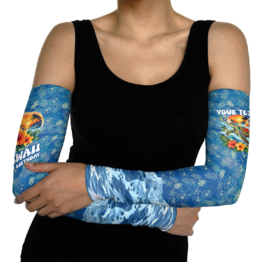 Personalized Hawaii 60th Birthday Sea Turtle Arm Sleeves Tropical Ocean Wave Floral Surfboard TS04 - Polynesian Pride