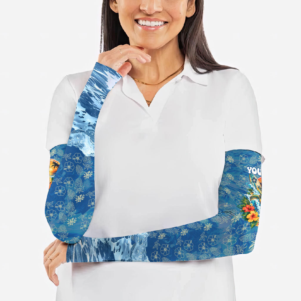 Personalized Hawaii 60th Birthday Sea Turtle Arm Sleeves Tropical Ocean Wave Floral Surfboard TS04 - Polynesian Pride
