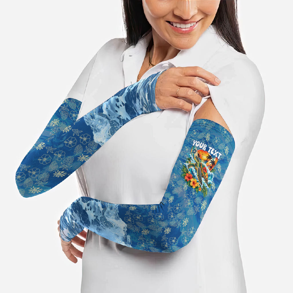 Personalized Hawaii 60th Birthday Sea Turtle Arm Sleeves Tropical Ocean Wave Floral Surfboard TS04 - Polynesian Pride