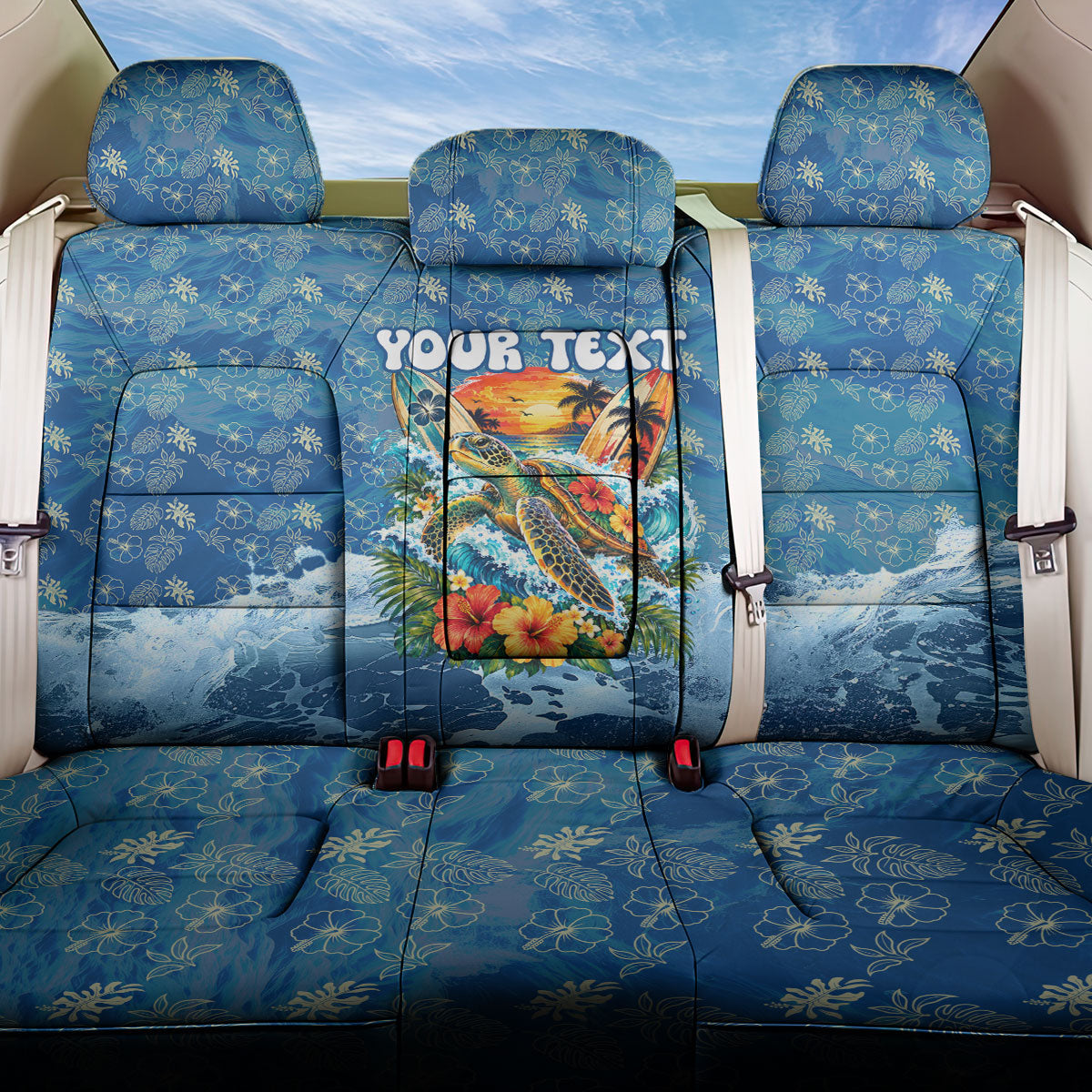 Personalized Hawaii 60th Birthday Sea Turtle Back Car Seat Cover Tropical Ocean Wave Floral Surfboard TS04 One Size Blue Yellow - Polynesian Pride
