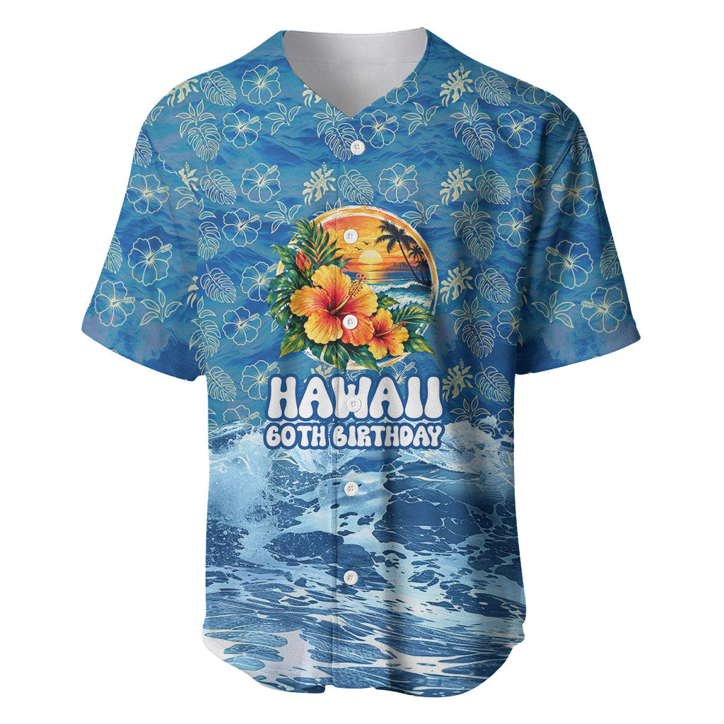 Personalized Hawaii 60th Birthday Sea Turtle Baseball Jersey Tropical Ocean Wave Floral Surfboard