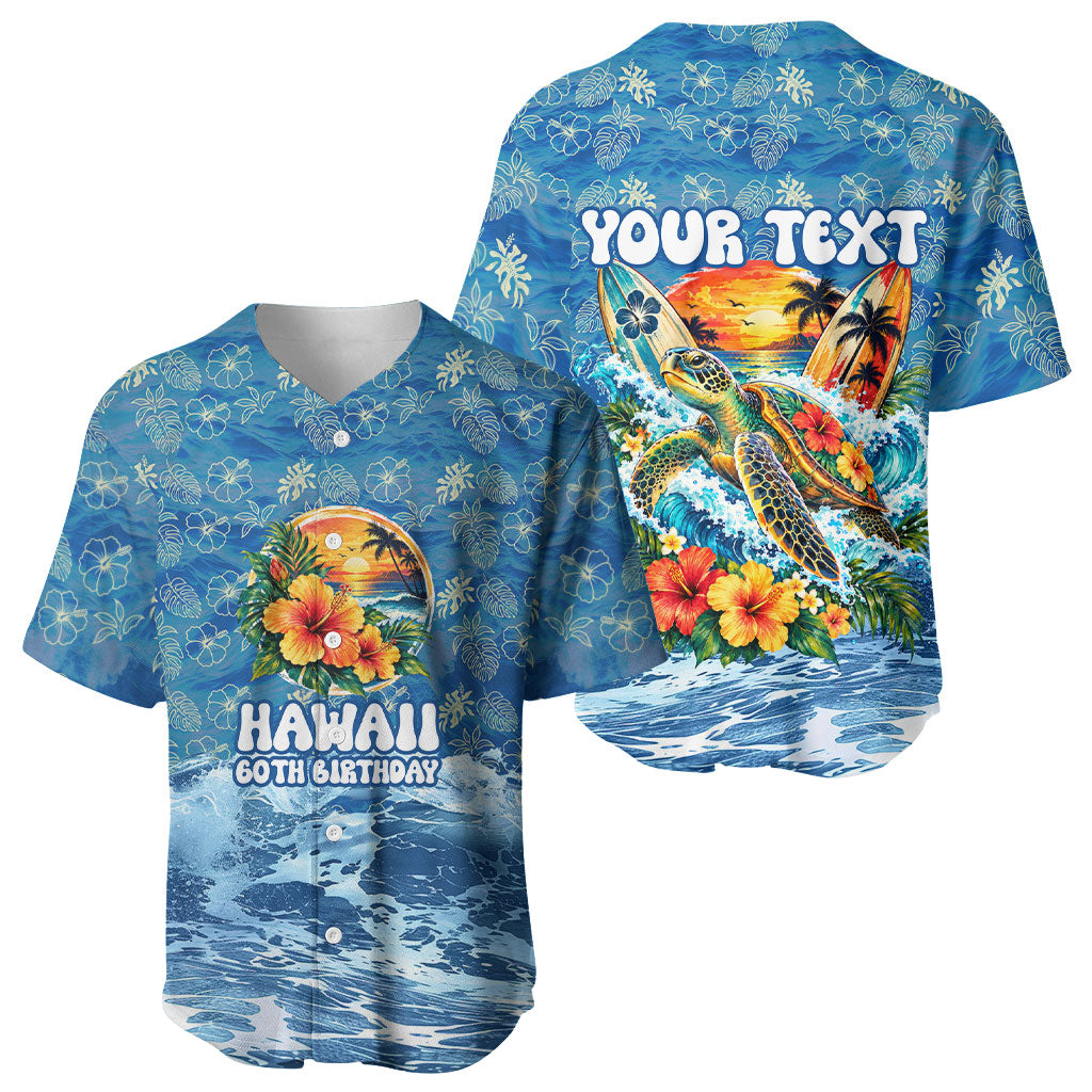 Personalized Hawaii 60th Birthday Sea Turtle Baseball Jersey Tropical Ocean Wave Floral Surfboard