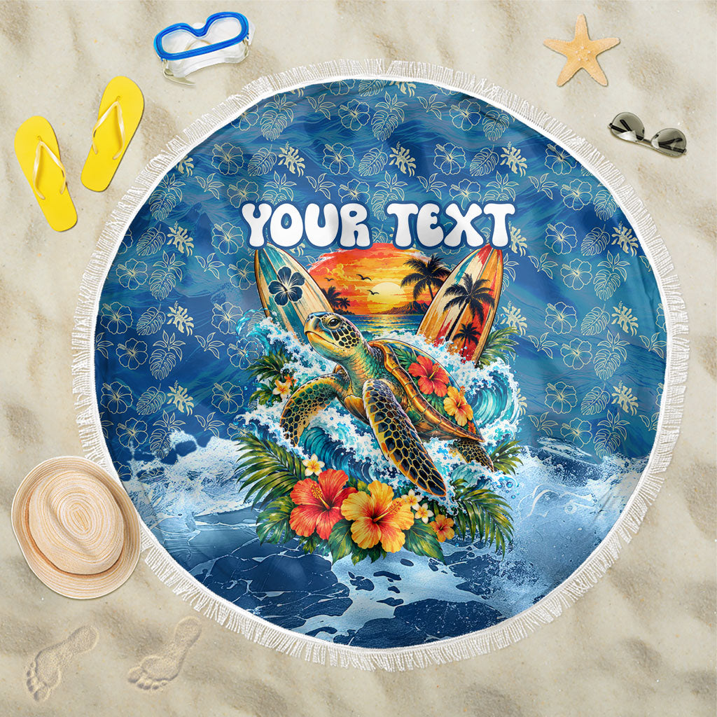 Personalized Hawaii 60th Birthday Sea Turtle Beach Blanket Tropical Ocean Wave Floral Surfboard