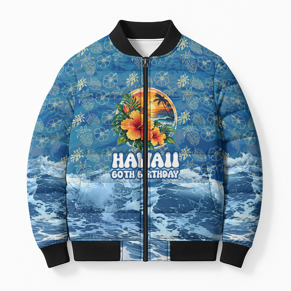 Personalized Hawaii 60th Birthday Sea Turtle Bomber Puffer Jacket Tropical Ocean Wave Floral Surfboard