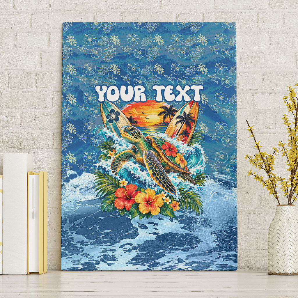 Personalized Hawaii 60th Birthday Sea Turtle Canvas Wall Art Tropical Ocean Wave Floral Surfboard TS04 Without Frame Blue Yellow - Polynesian Pride