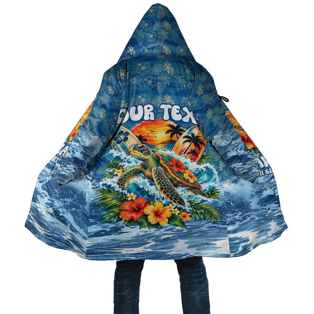 Personalized Hawaii 60th Birthday Sea Turtle Cloak Tropical Ocean Wave Floral Surfboard TS04 Unisex Blue Yellow - Polynesian Pride
