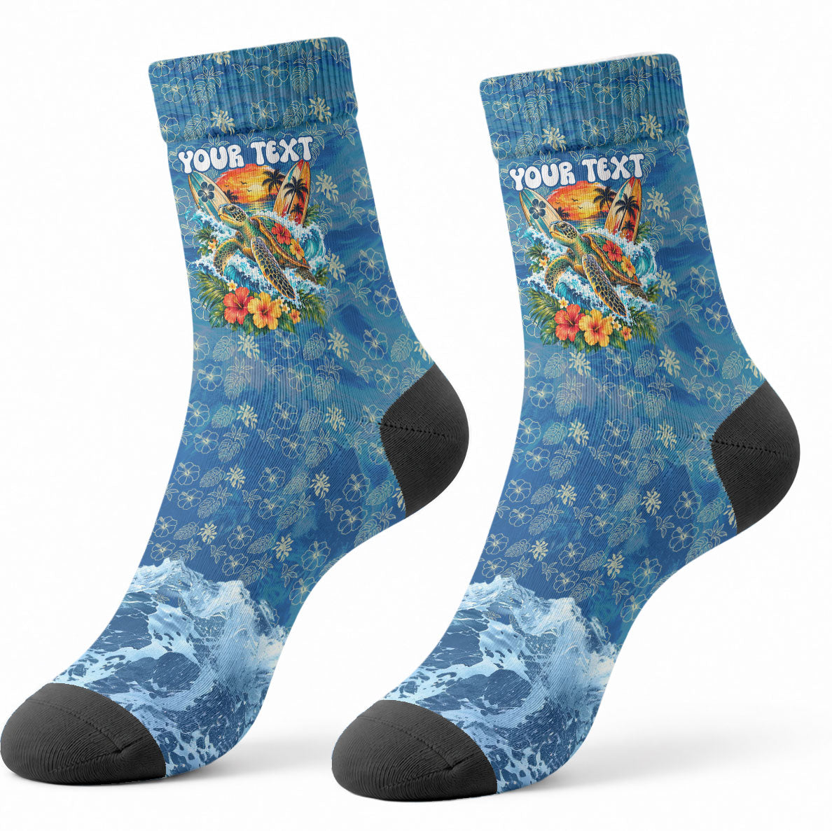 Personalized Hawaii 60th Birthday Sea Turtle Crew Socks Tropical Ocean Wave Floral Surfboard